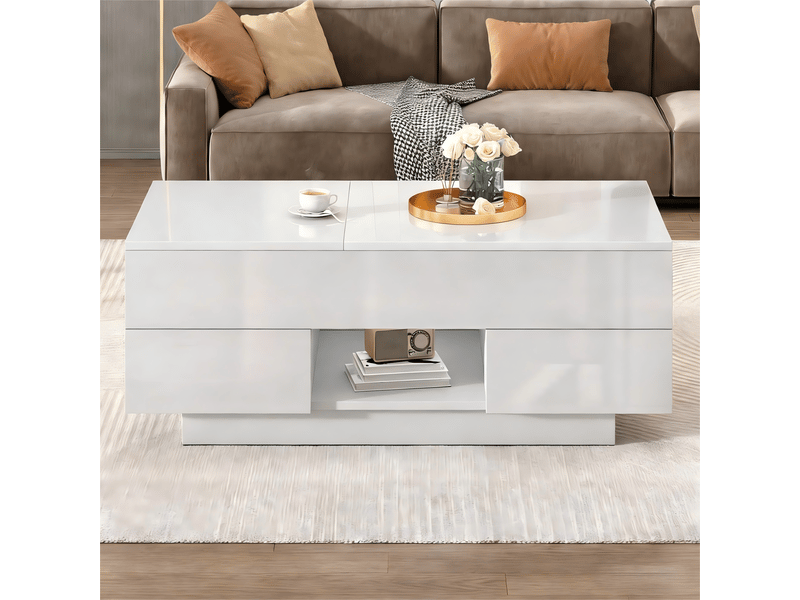 Table basse relevable, avec 2 tiroirs, rangement caché, led et plateau réglable, blanc, 100 × 45 × 43 cm  - Conforama B
