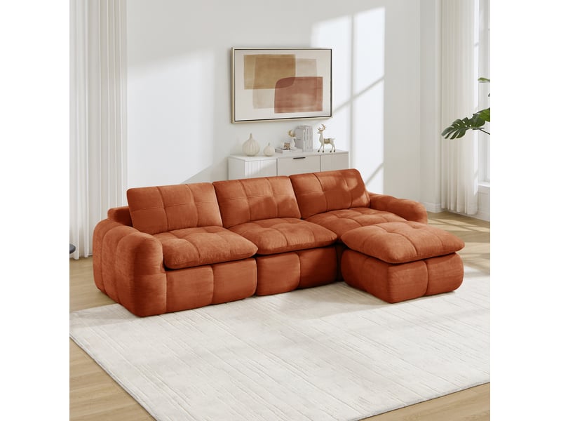  Canapé modulable d'angle 3 places 264x160x68 cm avec pouf en chenille orange  - Conforama E