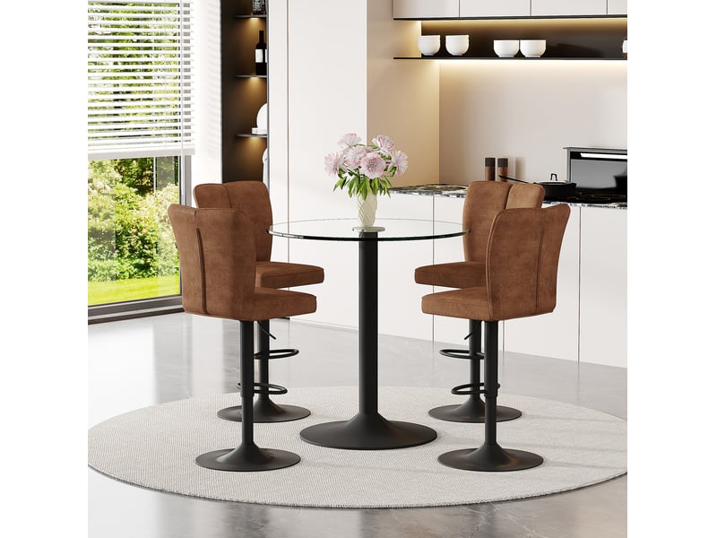  Set de bar moderne avec table ronde en verre 89 cm et 4 tabourets pivotants réglables marron et noir  - Conforama E
