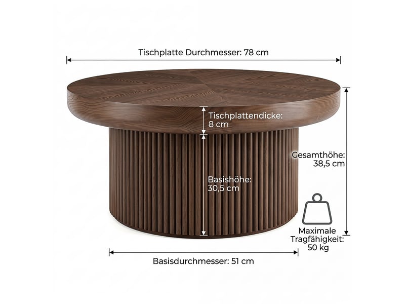  Table basse ronde 78 cm effet noyer avec base cannelée  - Conforama C