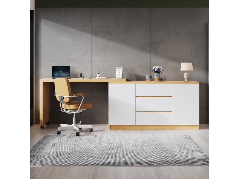  Bureau 120x50x76,5 cm, plateau rotatif 360°, 2 portes et 3 tiroirs, meuble chambre et salon, aggloméré, chêne et blanc  - Conforama E