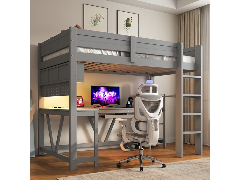 Lit mezzanine 90 x 200 cm – avec étagères de rangement – avec tiroir pour clavier dissimulé – avec prise électrique – avec bande lumineuse led – gris (matelas non inclus) - Conforama B