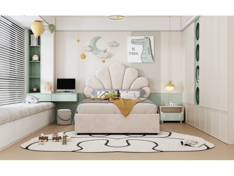  Lit enfant 90x200 cm beige velours avec tête de lit fleurie sommier à lattes coffre hydraulique Sol Morn - Conforama B