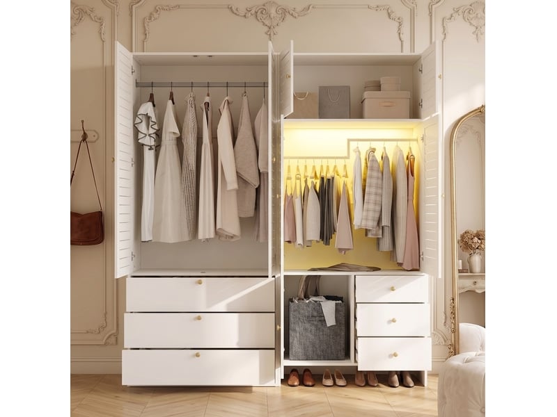  Armoire 180x50x200 cm avec panier à linge et led, panneau de particules blanc pour chambre et dressing pour chambre  - Conforama E