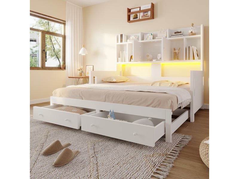  Lit combiné 90x190 cm convertible multifonction bois avec tiroirs etageres armoires compartiments prises led lit invite blanc  - Conforama B