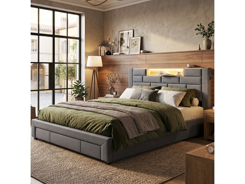  Dreammespace lit adulte 140x200 cm avec meuble de rangement 3 tiroirs, étagère led &amp; prises usb type-c, cadre velours gris DreamMespace - Conforama C