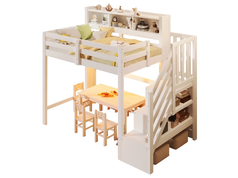  Lit mezzanine 90x200 cm avec led et escalier de rangement blanc  - Conforama A