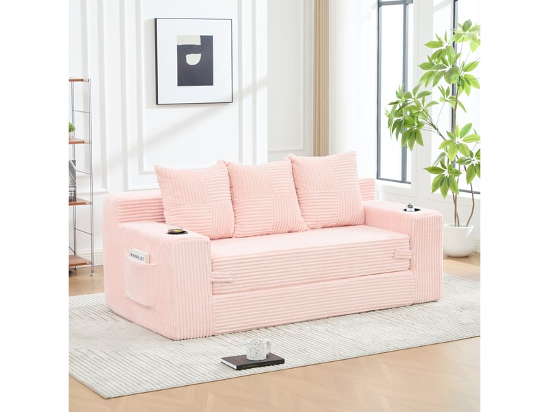 Canapé trois places avec porte-gobelets et poches latérales, design sans cadre, larges assises - rose - Conforama B