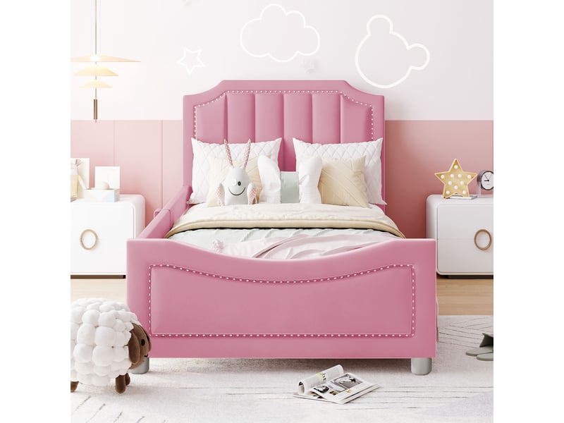  Lit enfant 90x200cm, polsterbett en flanelle, canapé-lit, dossier et accoudoirs, sécurité et confort, cadre solide, rose  - Conforama B