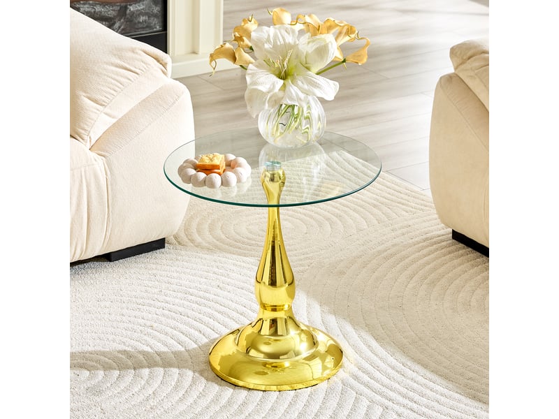  Table d’appoint ronde en verre trempé avec base métallique stable - lpospi - verre et métal doré 50 × 51,5 cm  - Conforama B