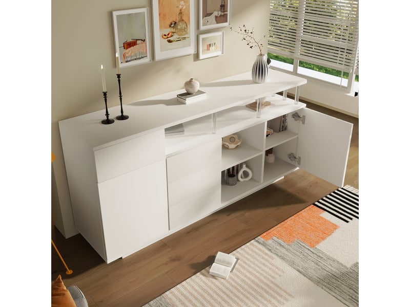  Buffet led 160x40x75 cm, bahut avec 4 tiroirs et 2 portes, meuble de rangement salon avec étagères réglables, mdf et acrylique - blanc  - Conforama C