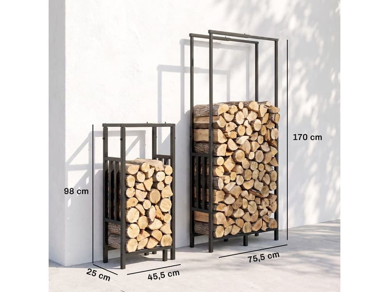  Porte-bûches extérieur réglable en acier noir, 45,5-75,5 x 25 x 98-170 cm, charge 100 kg  - Conforama E