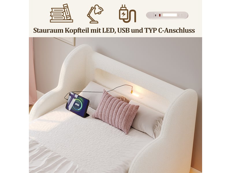  Lit simple 90x200 cm, lit enfant, barrière antichute, port usb, tissu bouclé beige, veilleuse  - Conforama W
