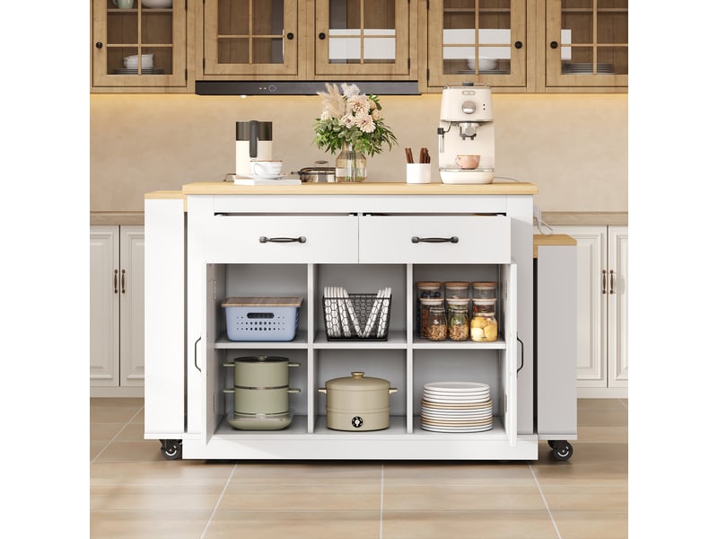  Îlot de cuisine mobile avec double plateau coulissant et prises intégrées - rangement mdf blanc 142 × 55 × 93 cm  - Conforama B