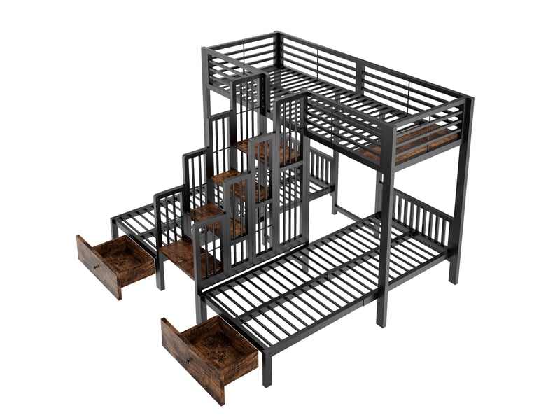  Lit superposé enfant métal 90 x 200 cm, escalier central, barrières de sécurité, tiroirs, structure acier, noir ABC - Conforama D