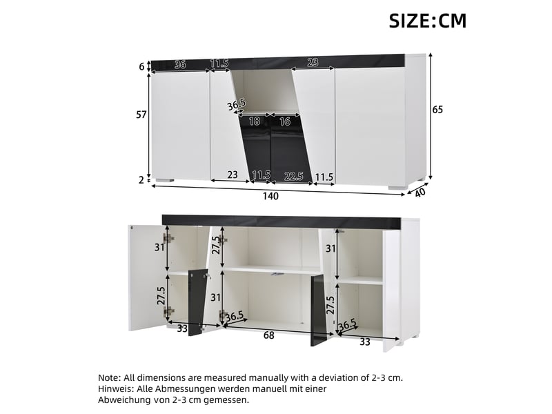  Ensemble meuble tv et buffet tcqpz 180 x 38,5 x 45 cm et 140 x 40 x 65 cm led contrôlée par application blanc et noir finition brillante  - Conforama C