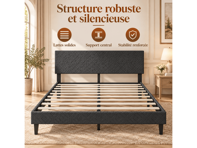 Cadre de lit double 160x200 cm avec sommier à lattes en bois, lit rembourré avec tête de lit capitonné, 2 personnes2 places, rangement sous le lit, pour adultes et adolescents, facile à assembler, chambre, structure de lit queen… - Conforama E