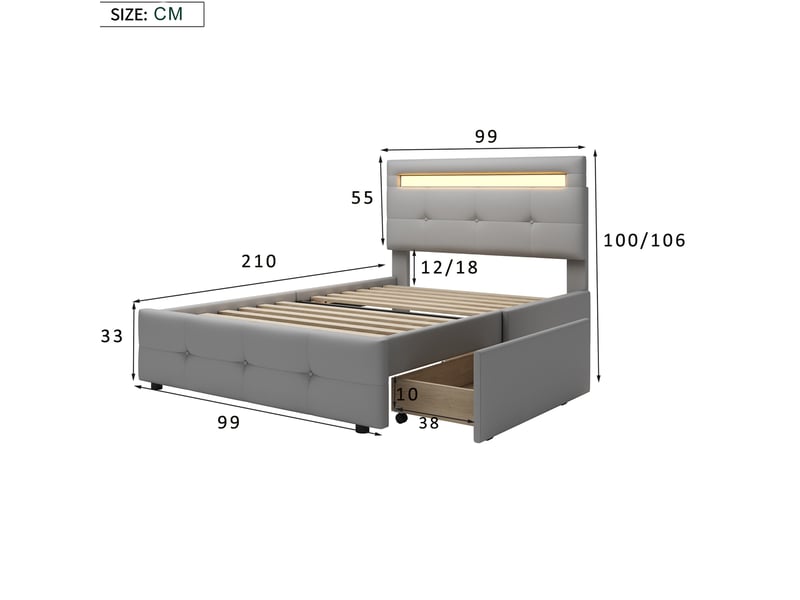  Lit enfant rembourré 90 x 200 cm avec led et 2 tiroirs, tête de lit réglable, gris Fay Lum - Conforama C