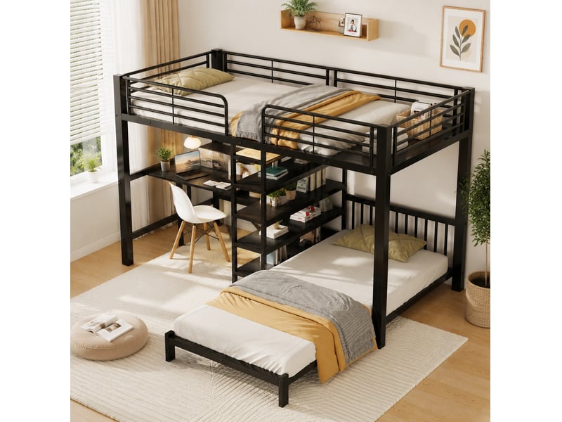  Lit mezzanine 2 places 90 × 200 cm avec bureau, rangements, prises usb et type-c, sans matelas, noir  - Conforama C
