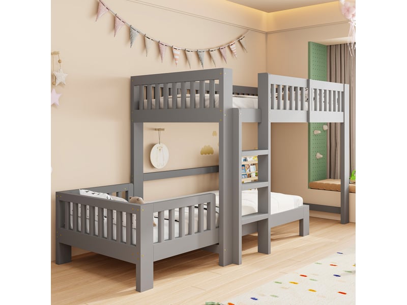 Lit superposé 90 × 200 cm avec lit simple modulable, barrières de sécurité et lattes, pour chambre d'enfant grise - Conforama D