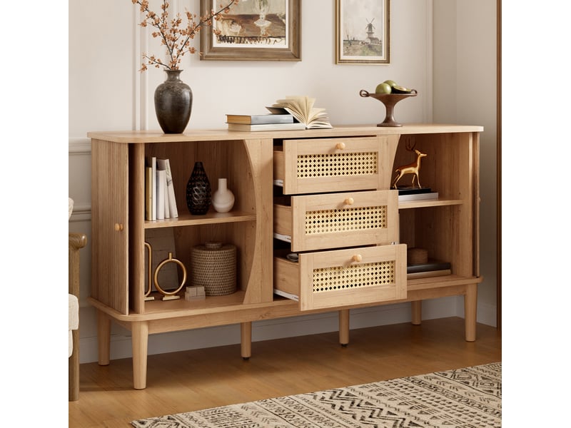  Buffet 141x40x77 cm avec 2 portes coulissantes et 3 tiroirs en mdf couleur naturel, design simple  - Conforama E