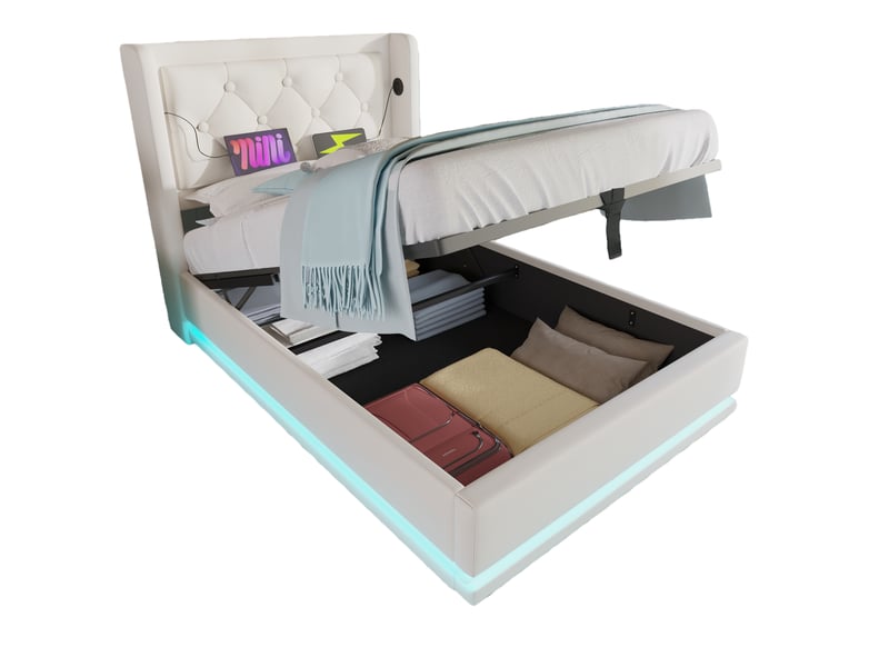  Lit coffre hydraulique 90x200 - lit simple avec fonction de chargement usb type-c et led - pu - matelas inclus - blanc  - Conforama A