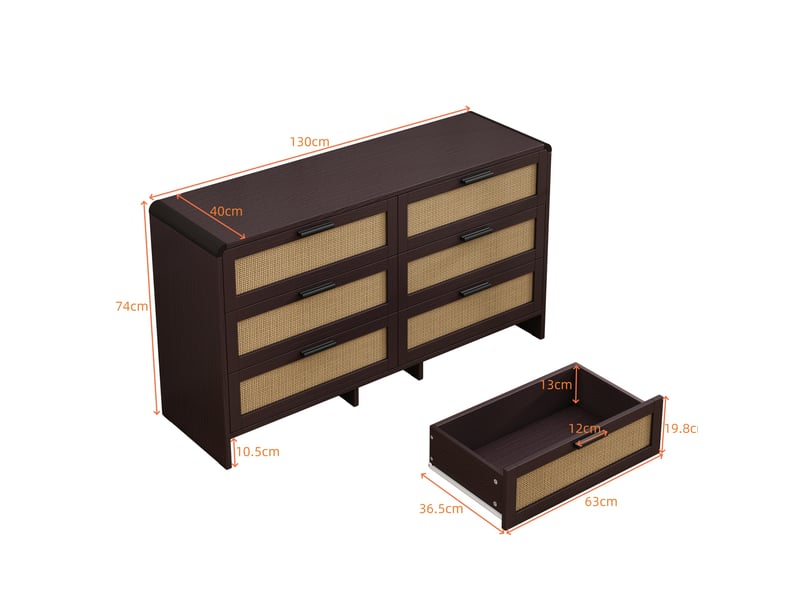  Meuble de rangement d'angle 130 x 40 x 74 cm – marron rougeâtre – 6 tiroirs en rotin, rangement polyvalent  - Conforama C