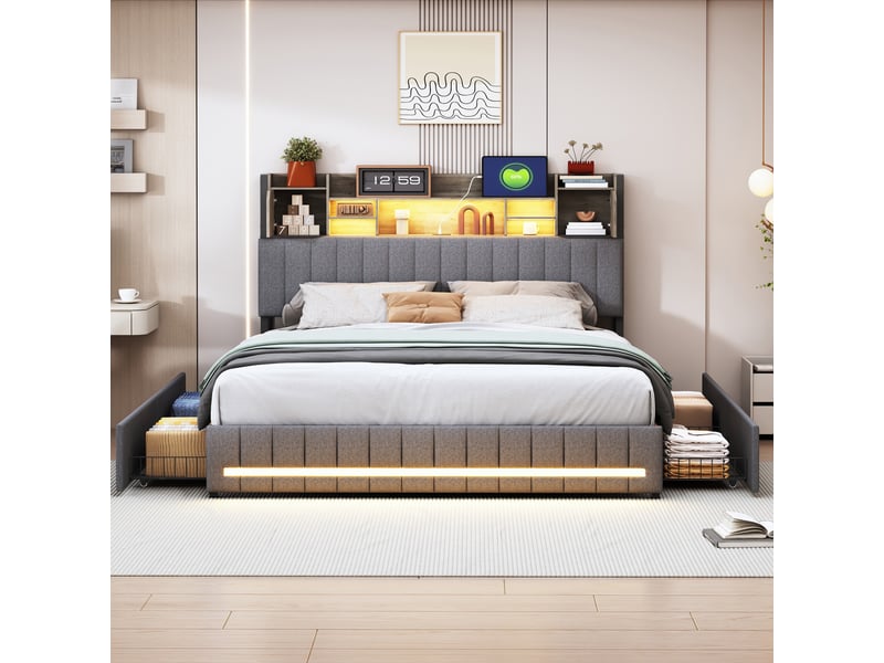  Lit 140x190cm - lit double 140x190 capitonné en lin avec 4 tiroirs, tête de lit rangement et éclairage led rgb - gris  - Conforama E
