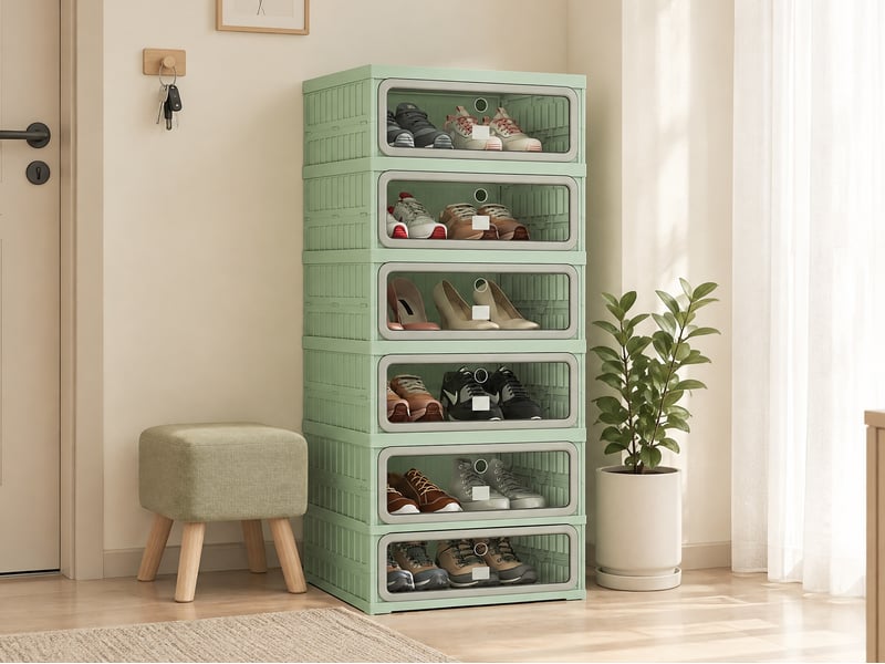 Armoire à chaussures en plastique pp - 12 paire(s) - porte abattante transparente - anti‑poussière - sans assemblage - meuble rangement chaussures petit espace - vert‑gris  - Conforama B