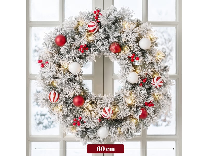  Couronne de noël led enneigée décorée dia. 60cm 50leds blanc chaud  - Conforama C