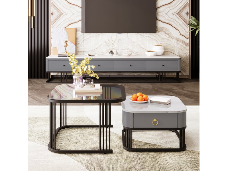 Table basse gigogne ulevr 2 pièces avec 2 tiroirs, 60 x 60 x 44,5 cm et 50 x 50 x 34,5 cm, verre et aspect marbre  - Conforama D