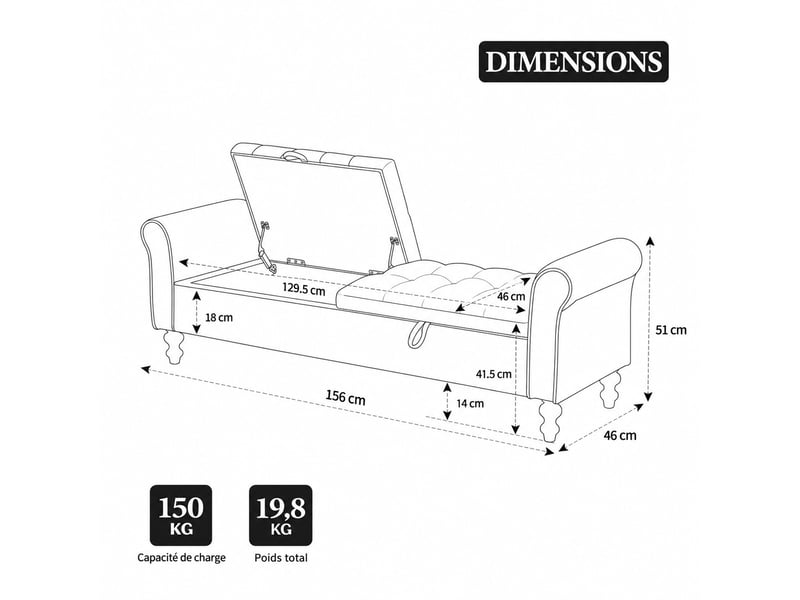  Banquette convertible en velours greige 156 x 46 x 51 cm, 2 couvercles rangement,avec accoudoirs roulés  - Conforama C
