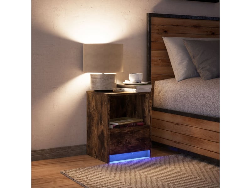 Table de chevet - cabinet de chevet - table de nuit et lumières led chêne fumé bois d'ingénierie - Conforama D