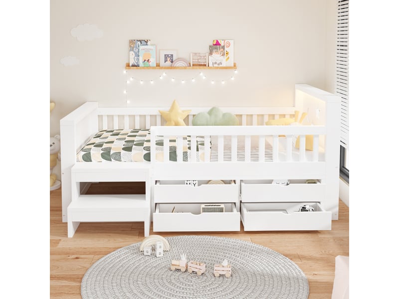 Lit simple enfant 90x200 cm - 4 tiroirs et rangement - tête de lit led avec motifs étoiles et lune - barrières et marchepied - blanc - Conforama B