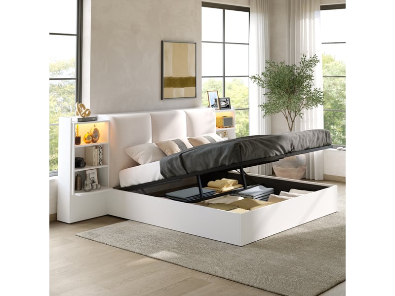  Lit adulte 180 x 200 cm, à rangement hydraulique, avec compartiments de rangement et bande lumineuse led, blanc  - Conforama D