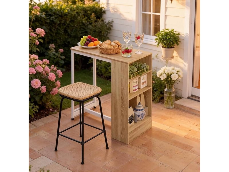 Table haute 91x49x91 cm en panneaux de particules et métal avec rangement ouvert chêne clair et blanc chicfurn  - Conforama B