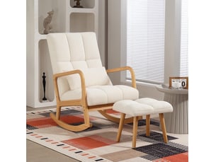 Fauteuil à bascule 82 x 64,5 x 99 cm blanc en bois, avec repose-pieds, dossier haut et accoudoirs pour salon