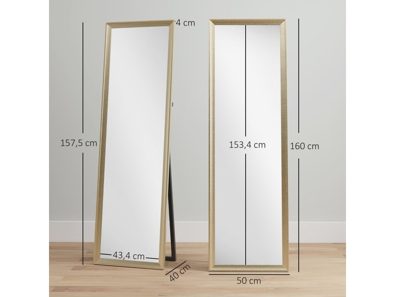  Miroir sur pied rectangulaire 50 x 160 cm – doré – pose murale, à poser ou adossée, verre trempé sécurisé  - Conforama C