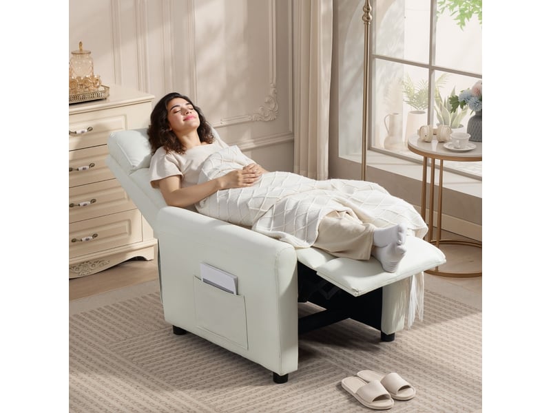  Fauteuil relax 73x86x100 cm inclinable à 145°, poches latérales, polyester blanc crème  - Conforama D