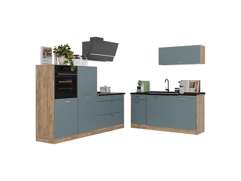 Vicco cuisine, bleu-grischêne doré, 220cm plan de travail marbre - Conforama E
