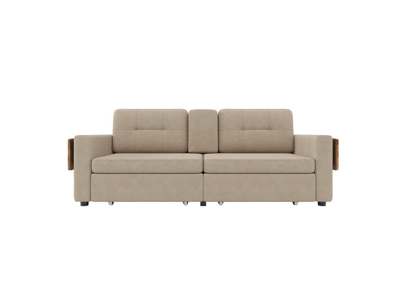  Canapé 2 places avec 2 compartiments de rangement et assise réglable, table ordinateur escamotable et porte-gobelets, tissu chenille kaki  - Conforama A