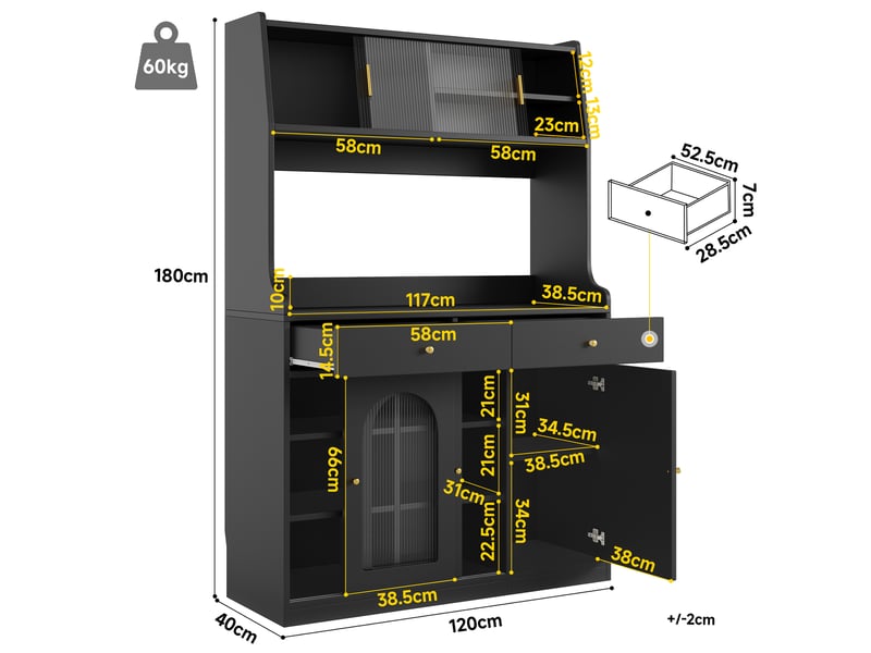 Buffet cuisine 4 portes et 5 tiroirs, 115 x 40 x 180 cm, éclairage led, étagères réglables et dispositif anti-basculement, mdf, noir Morn Vibe - Conforama C