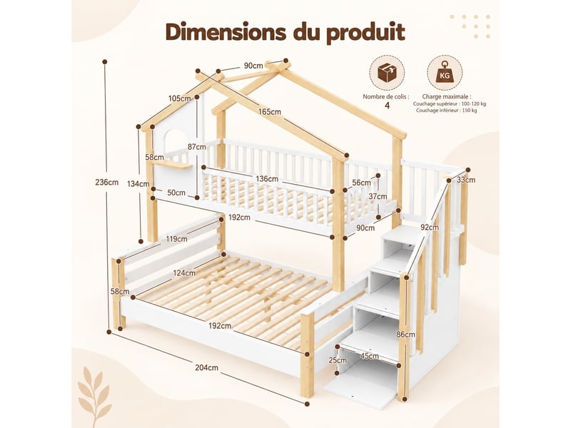  Lit superposé enfant 90x190120x190 cm, lit cabane avec escalier de rangement, barrières et sommiers, blanc et naturel  - Conforama C