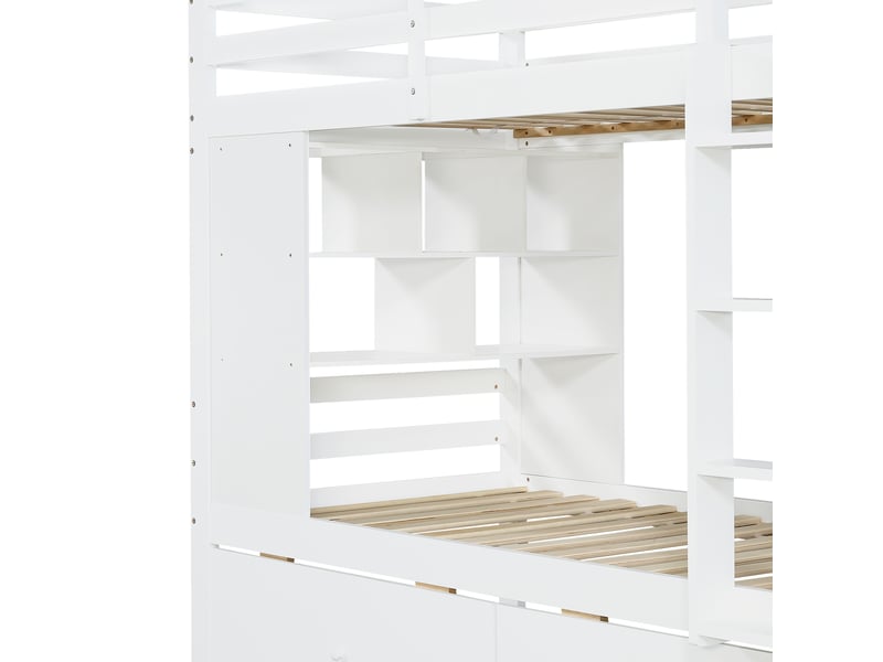  Lit superposé enfant 90 × 200 cm avec 2 tiroirs, étagère ouverte, échelle et garde-corps, bois blanc C-CRAFTLINK - Conforama E