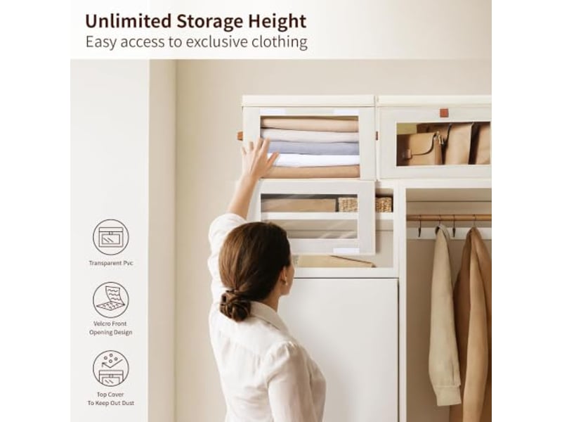  Lot de 4 bacs de rangement pliables en toile oxford beige avec fenêtre – organiseur pour vêtements et dressing  - Conforama D