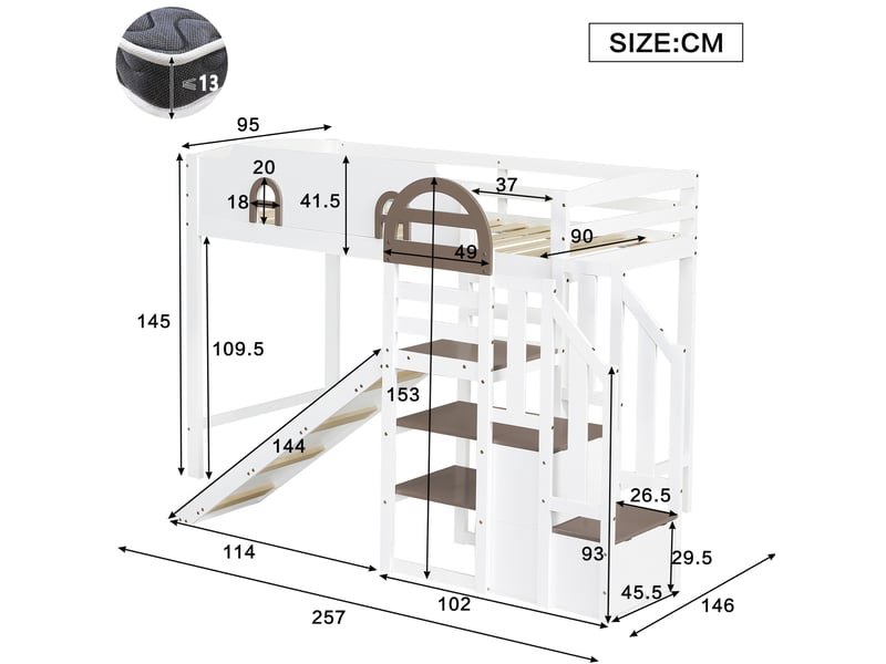  Lit superposé enfant 90x200 cm blanc en bois et mdf, avec fenêtre, toboggan et escalier de rangement  - Conforama C