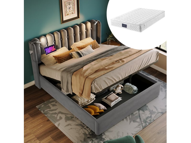  Lit coffre tcqpz double 160 x 200 cm avec liseuse, fonction charge usb, tête de lit avec rangement, velours gris  - Conforama B
