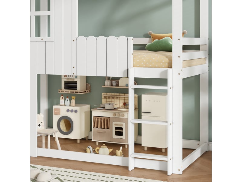  Lit mezzanine enfant 90x200cm blanc et noir, maison, fenêtres, escalier 3 marches et barrières  - Conforama E