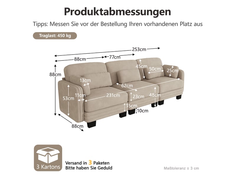  Canapé droit modulable 3 places en chenille café clair avec coussins mobiles  - Conforama C