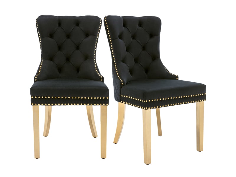  Chaise de salle à manger 51x65.5x95 cm en velours noir et métal doré, dossier orné d'un anneau de décoration  - Conforama A